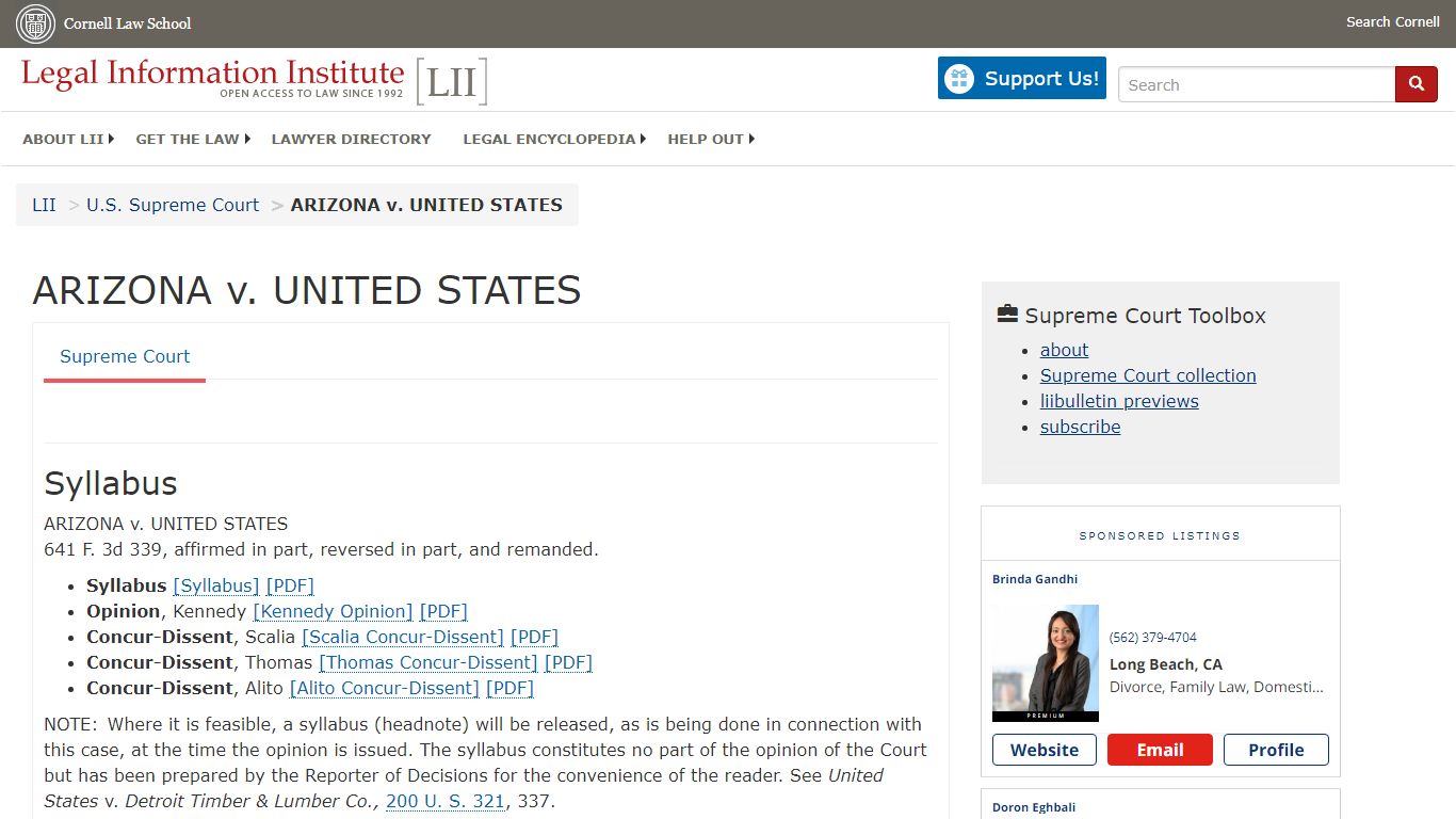 ARIZONA v. UNITED STATES | Supreme Court | US Law | LII / Legal ...